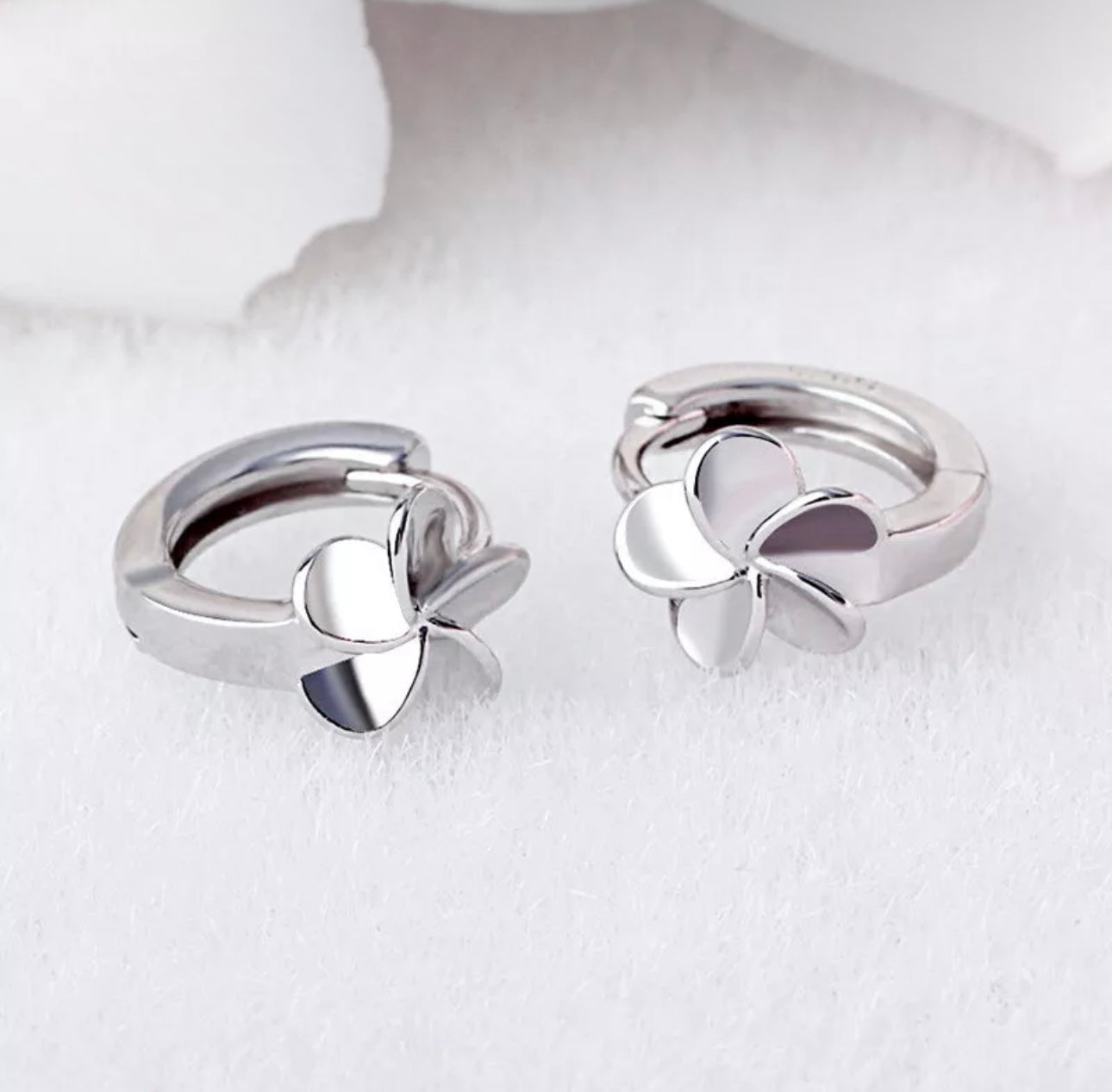 Silver Flower Huggie Hoop Earrings