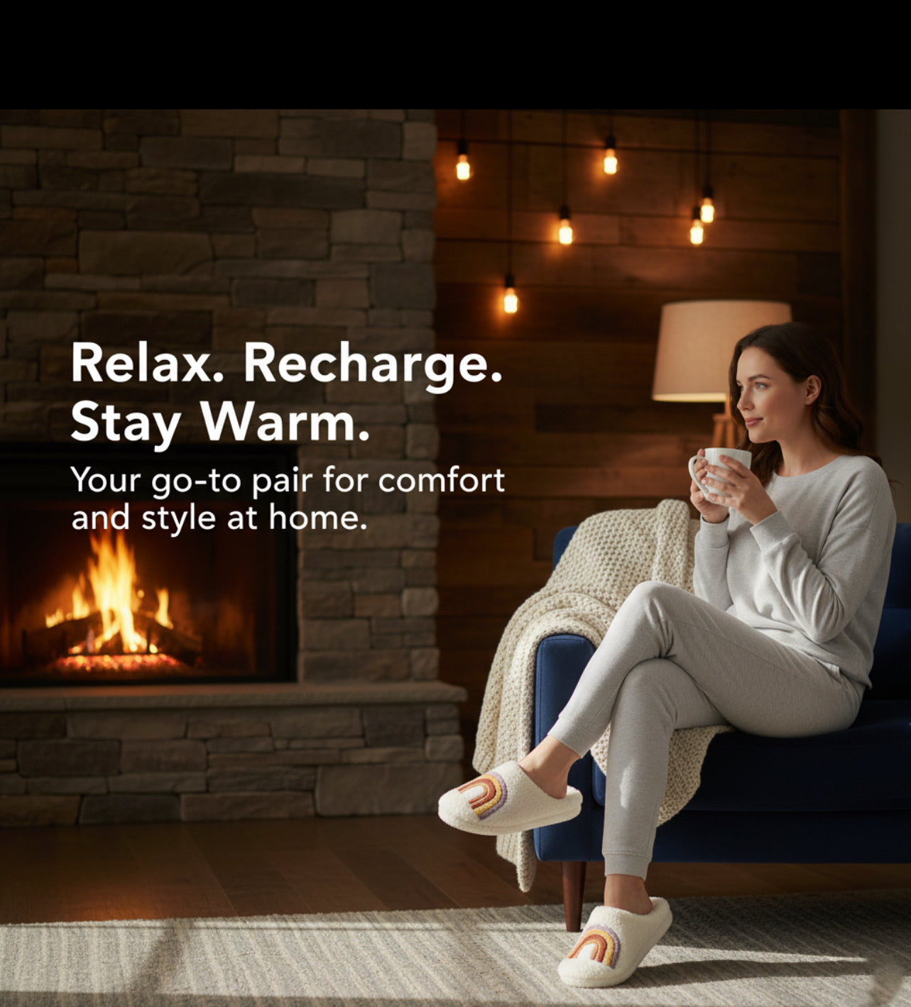 Ladies Plush Hearts & Rainbows Mule Slippers