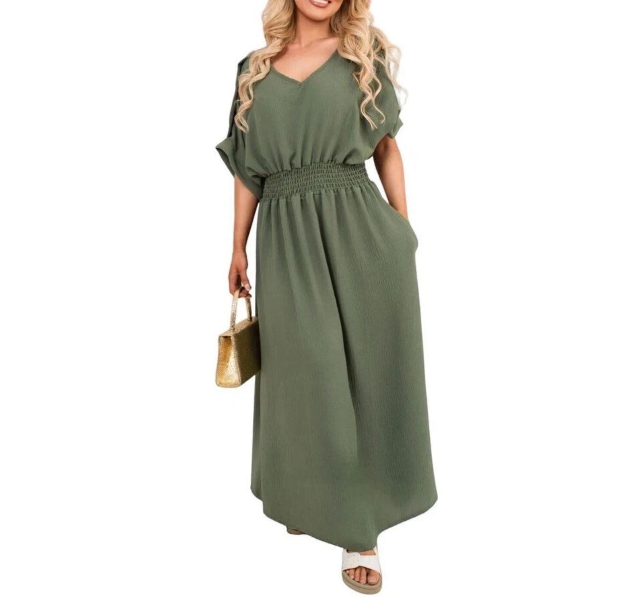 V-Neck Sheering Maxi Dress