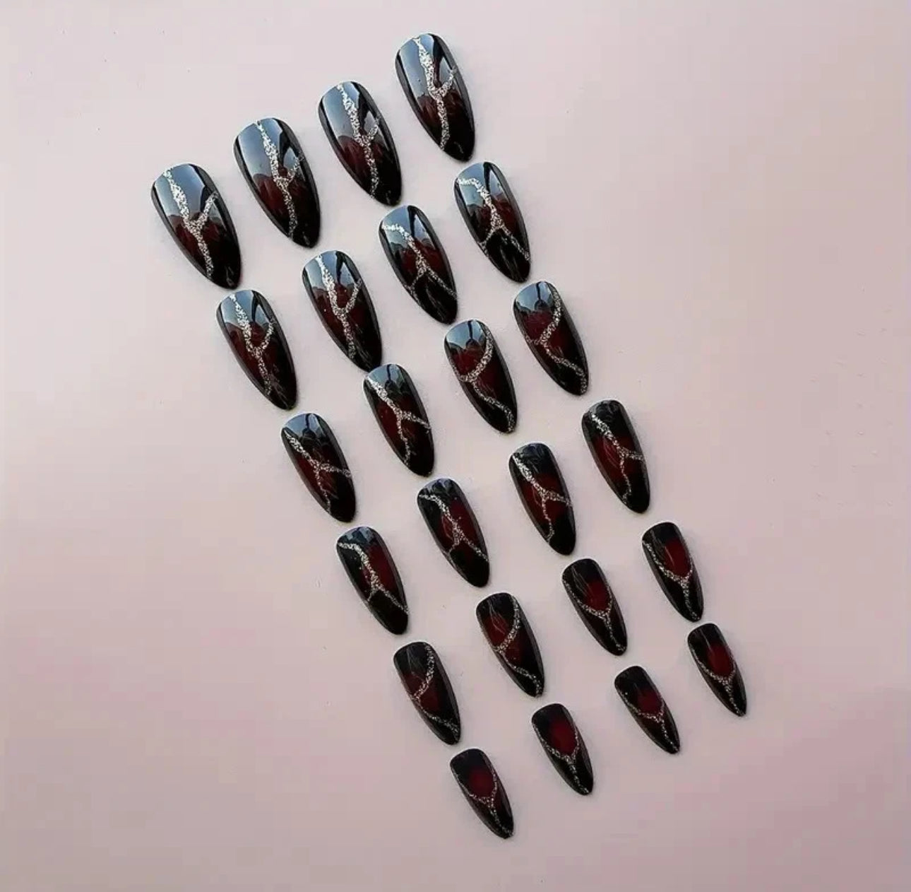 Red Gradient Glitter Long Almond False Nails 24pc