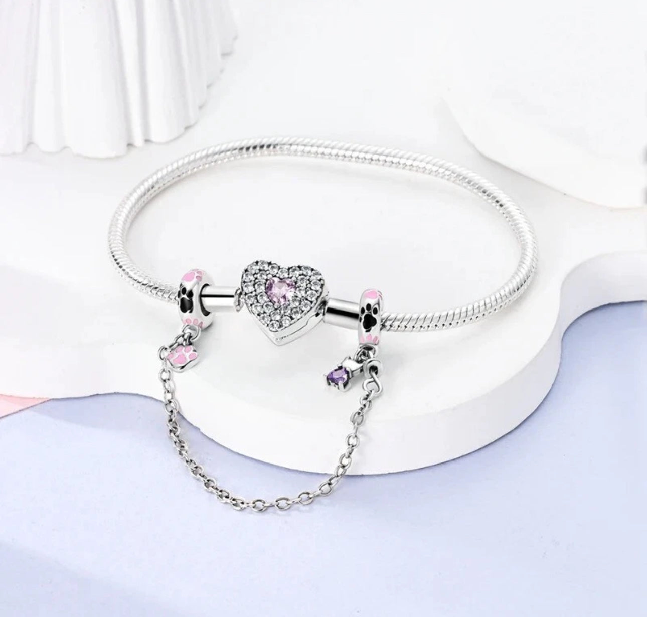 SS925 Cat & Paw Print Safety Chain Bracelet Charm