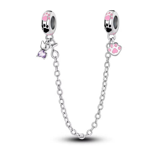 SS925 Cat & Paw Print Safety Chain Bracelet Charm