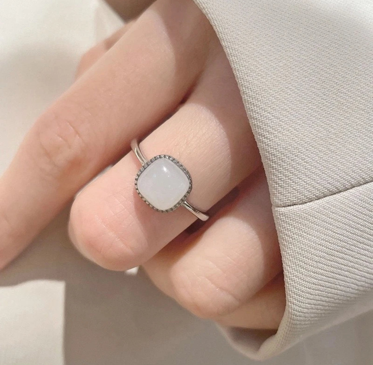 Square Coloured Jade Adjustable Ring