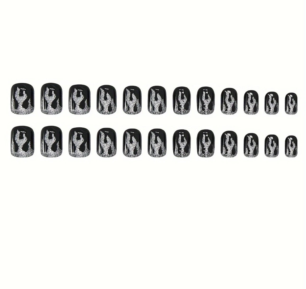 Black & Silver Flame Short Square False Nails 24pc