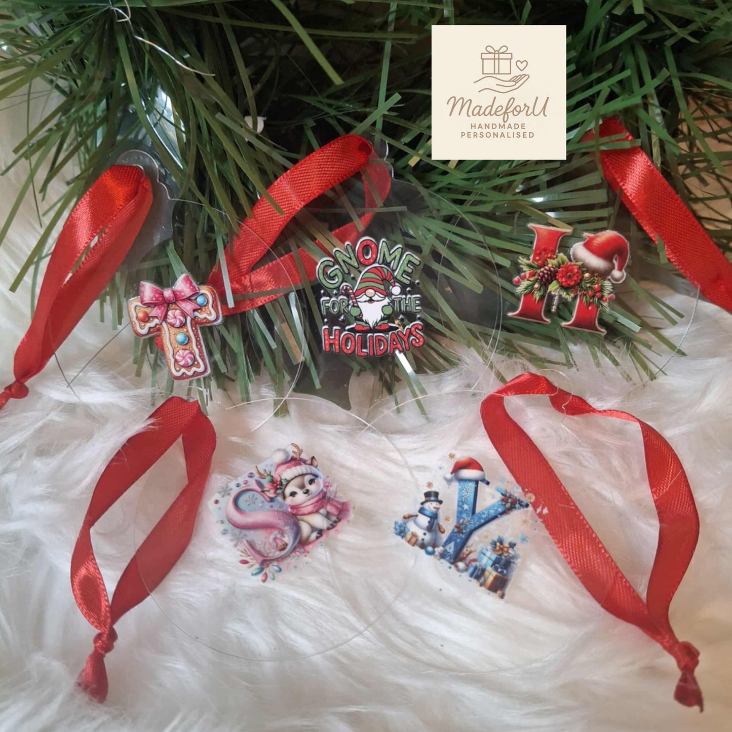 Set of 5 Rose Gold or Clear Baubles With Festive Initials