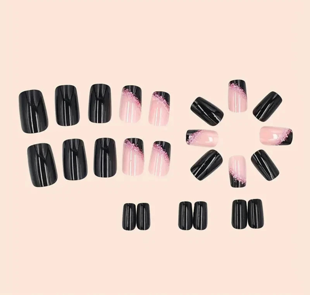 Pink & Black Glitter Medium Square False Nails 24pc