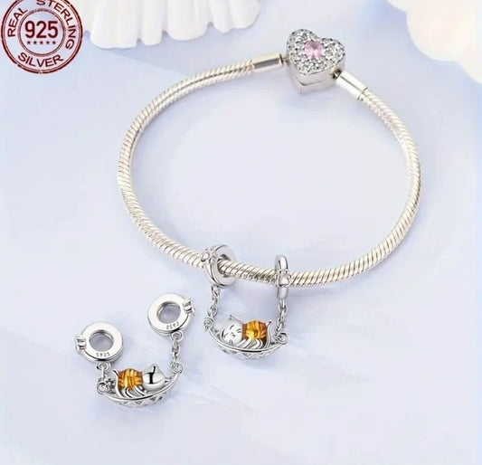 SS925 Cat In A Hammock Safety Chain Bracelet Charm