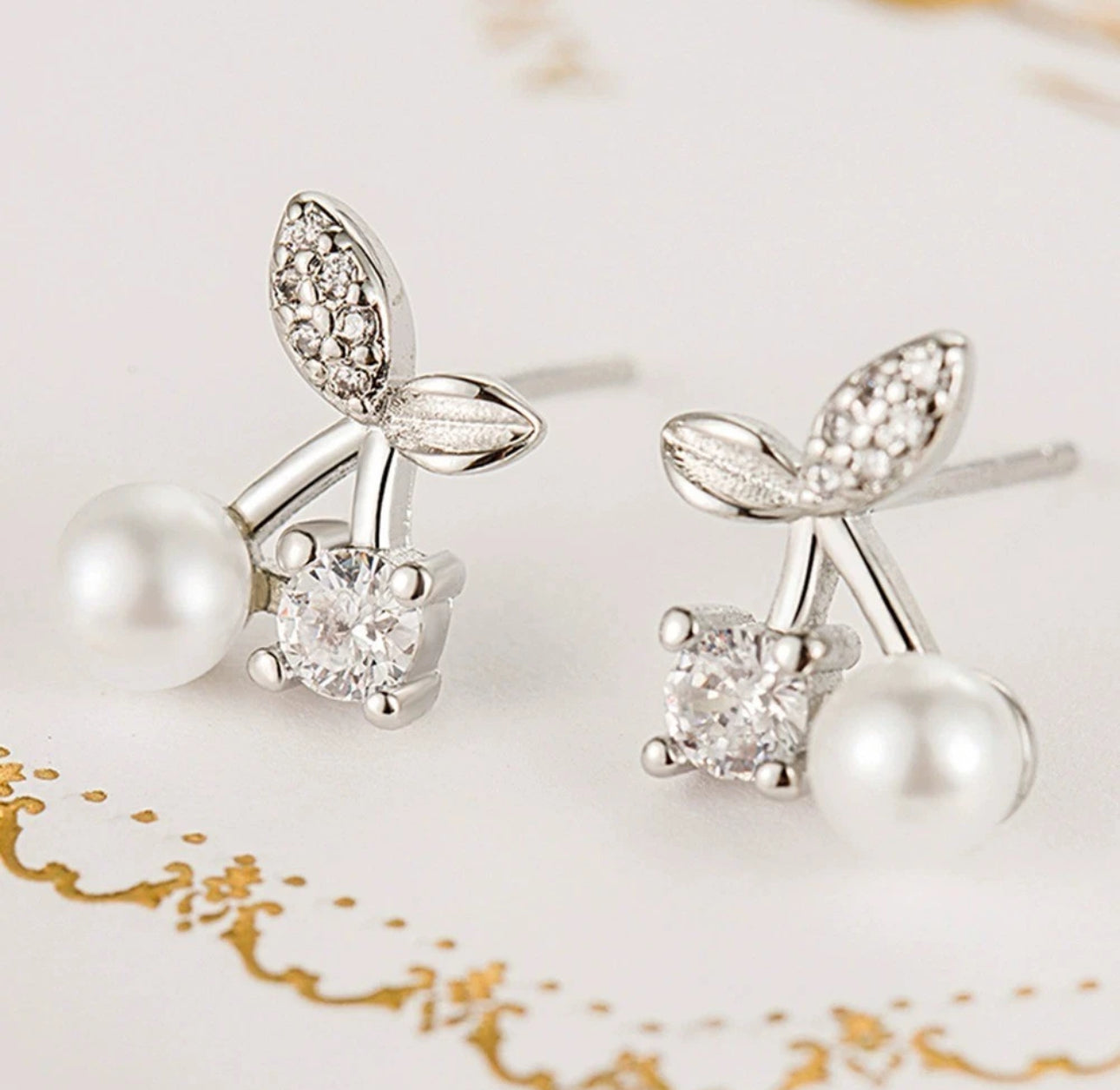 Silver Pearl Cherry Earrings