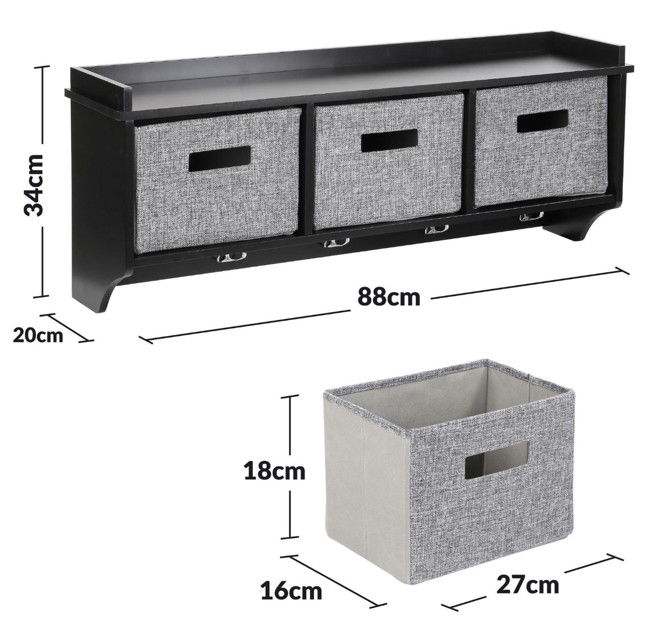 Coat Hook With Wall Mounted Unit With Storage Baskets - 3 hooks /boxes