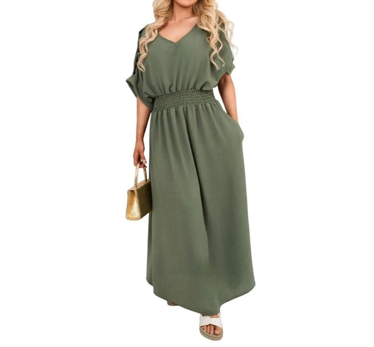V-Neck Sheering Maxi Dress