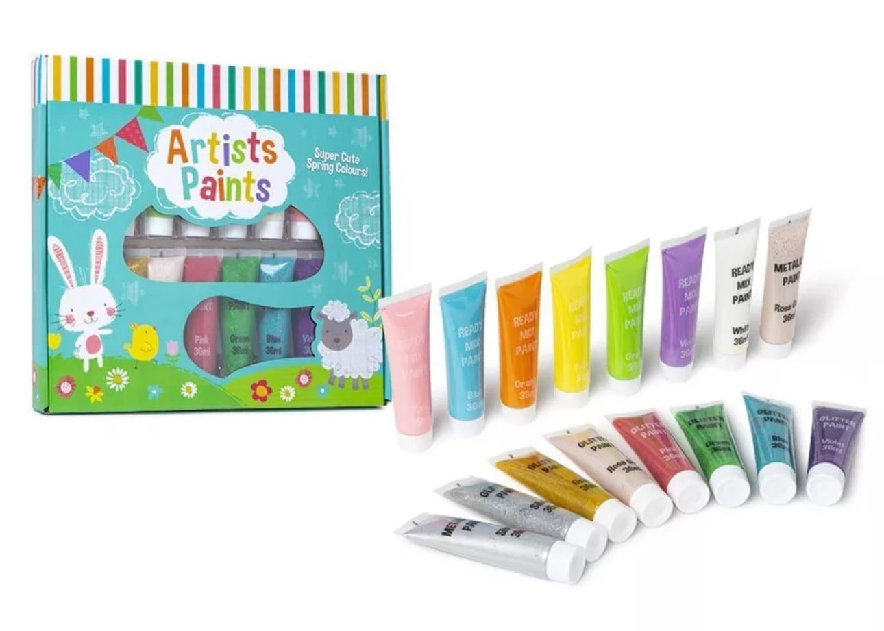 16x 36ml Pastel Coloured Acrylic Paints Inc Glitter & Metallic