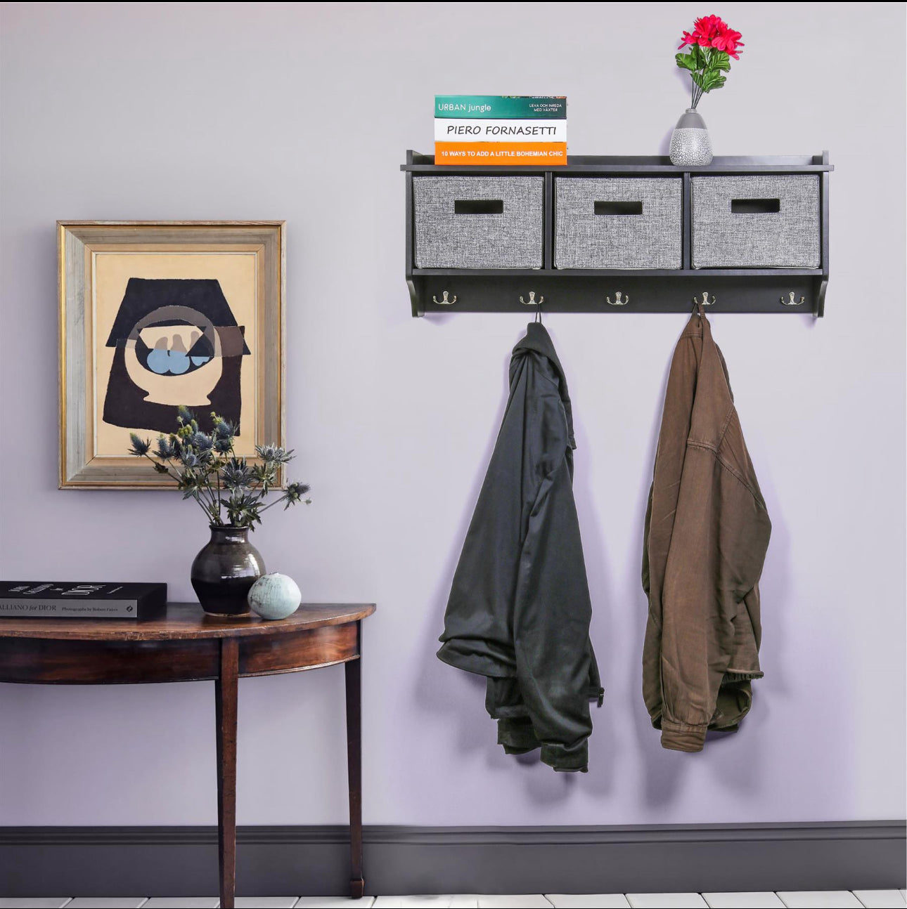 Coat Hook With Wall Mounted Unit With Storage Baskets - 3 hooks /boxes