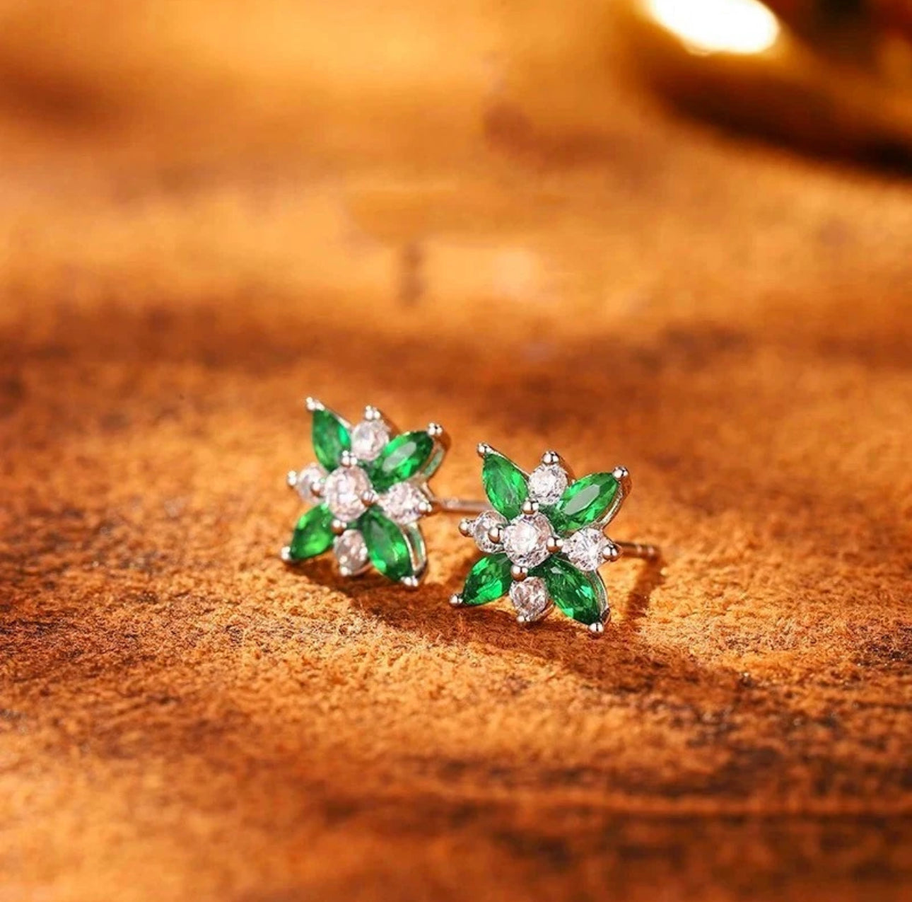 Silver Petal Green Flower Earrings