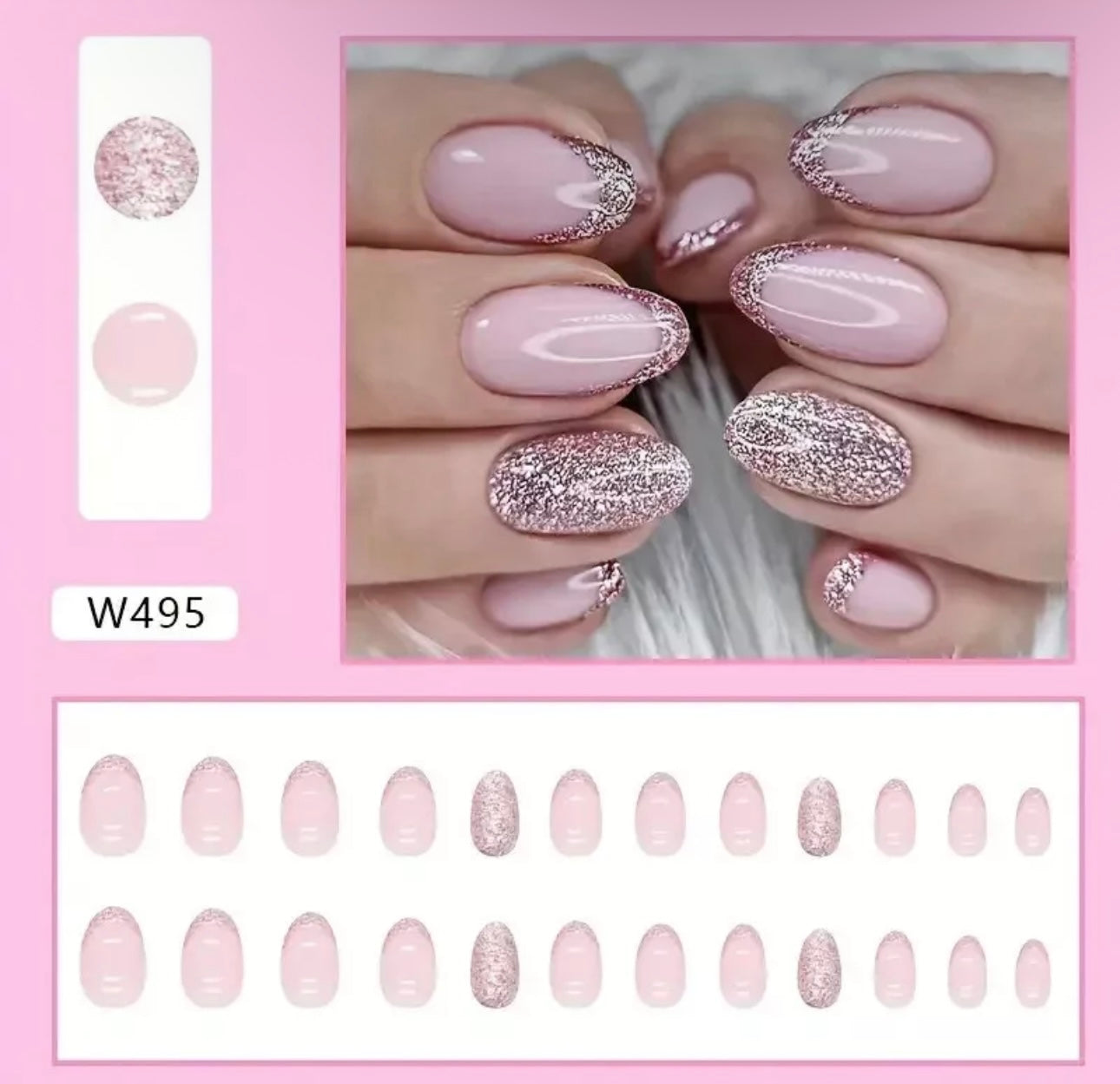 Pink Oval Glitter Mix Medium False Nails 24pc