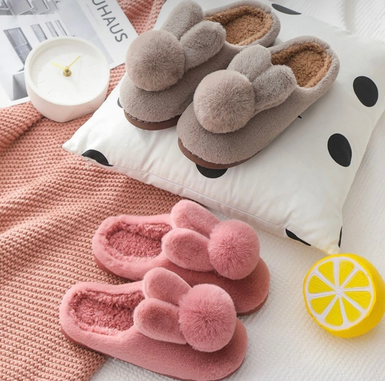 Ladies Plush Bunny Eared Slippers