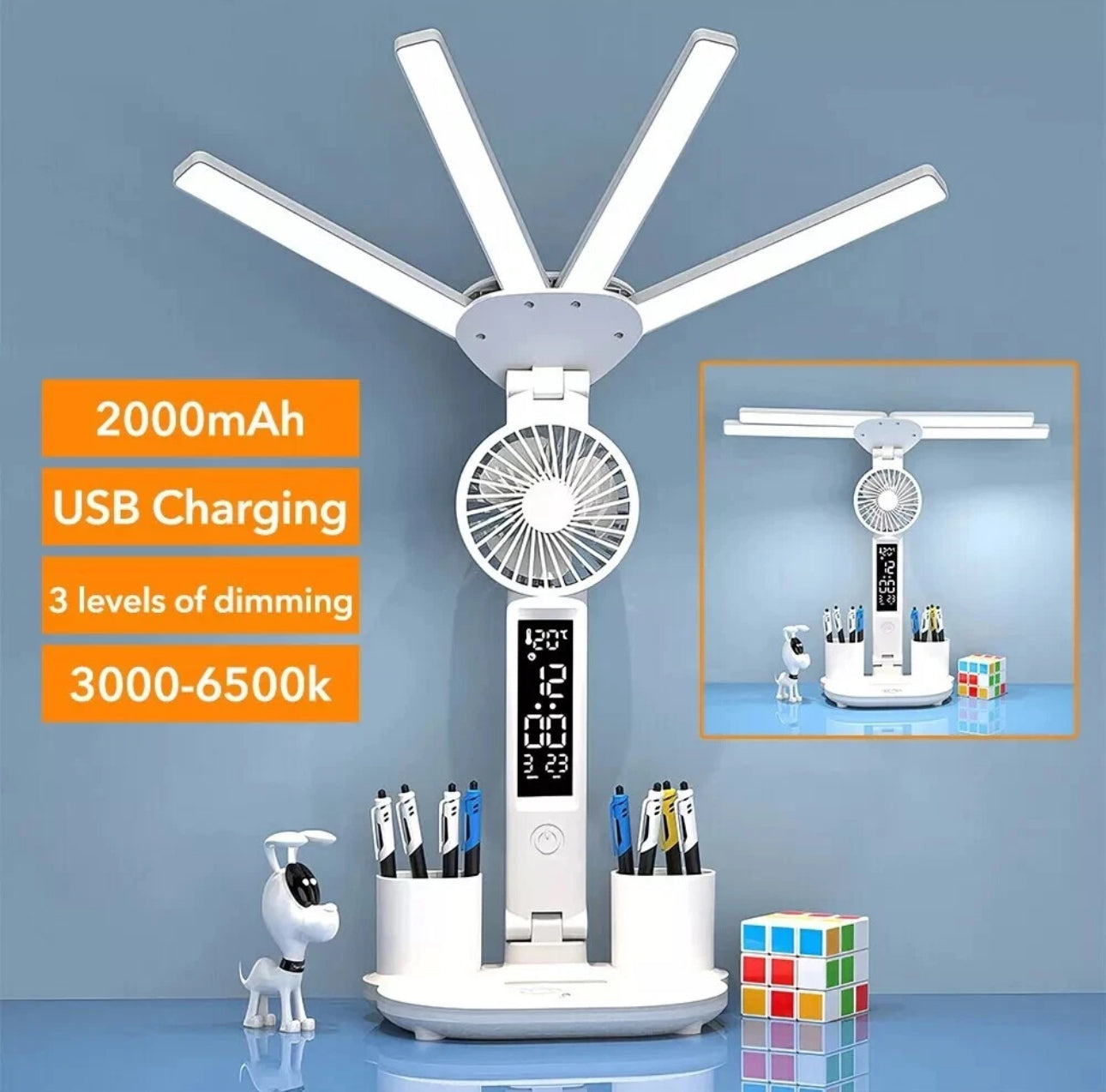 3-in-1 Multifunction LED Desk Lamp/Fan/Clock