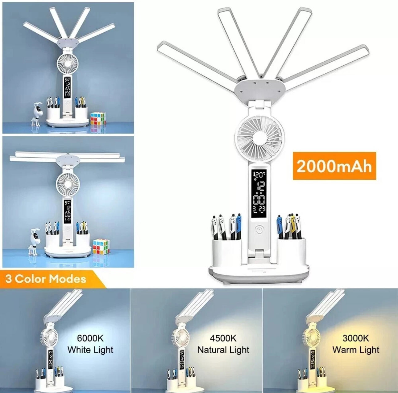 3-in-1 Multifunction LED Desk Lamp/Fan/Clock