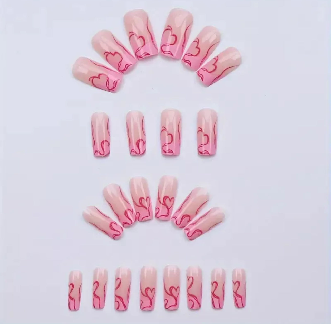 Red Heart Pink Tips Long Square False Nails 24pc