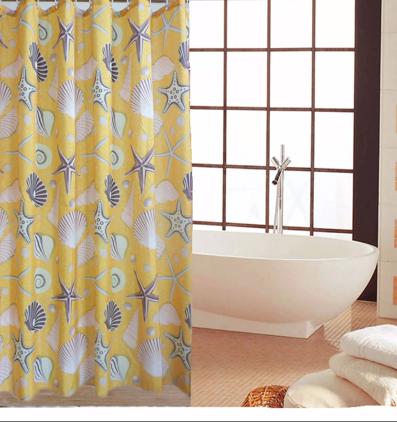 Sunny Yellow Seashell Shower Curtain (Polyester Fabric)