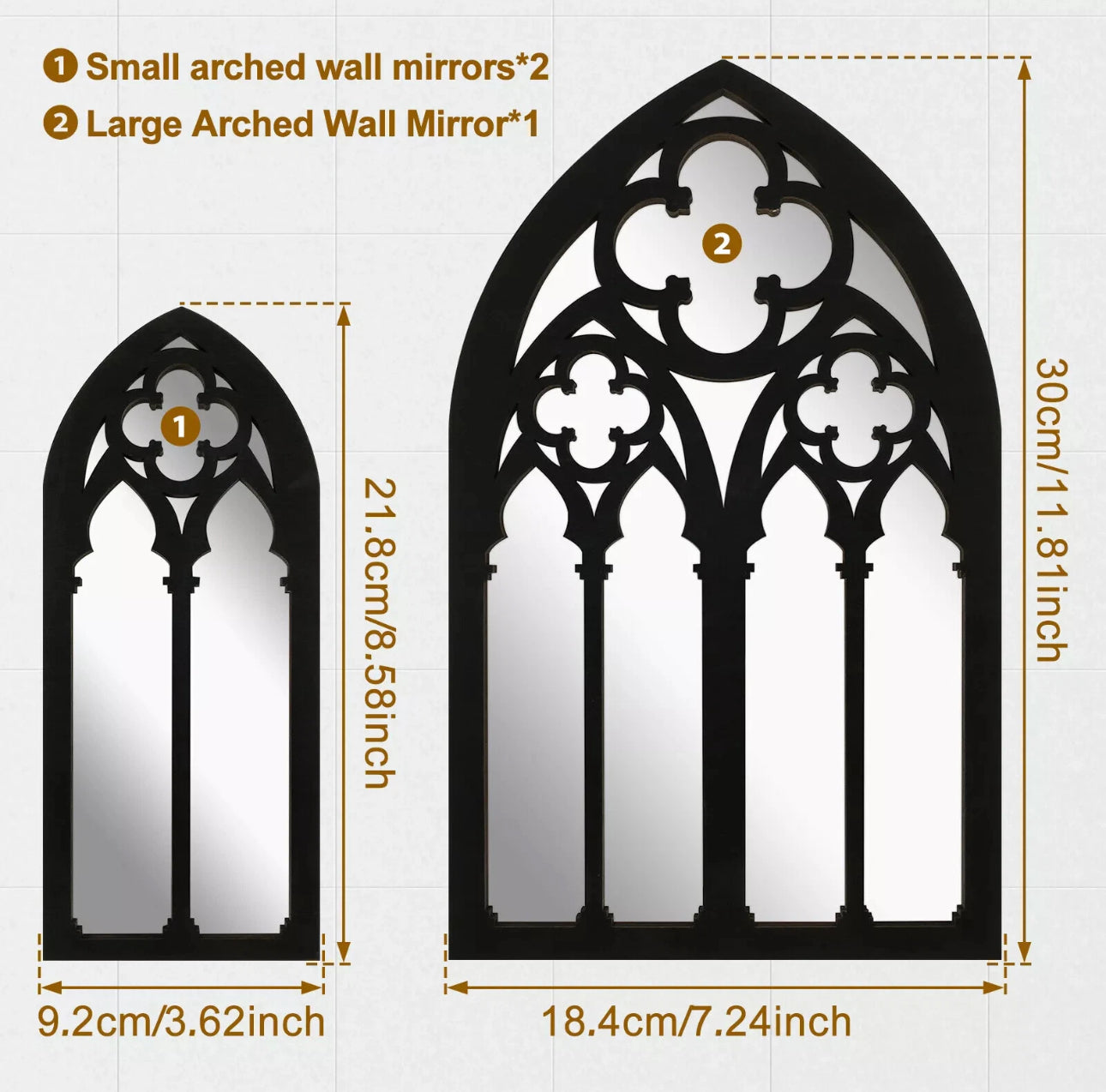 3pc Gothic Arched Window Style Mirrors