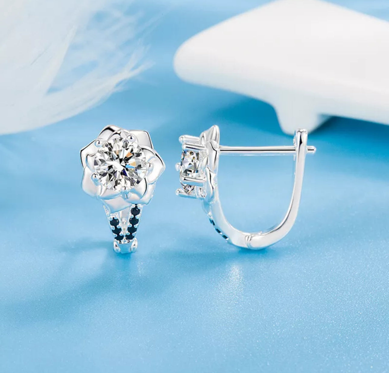 Silver Crystal Flower Stud Earrings