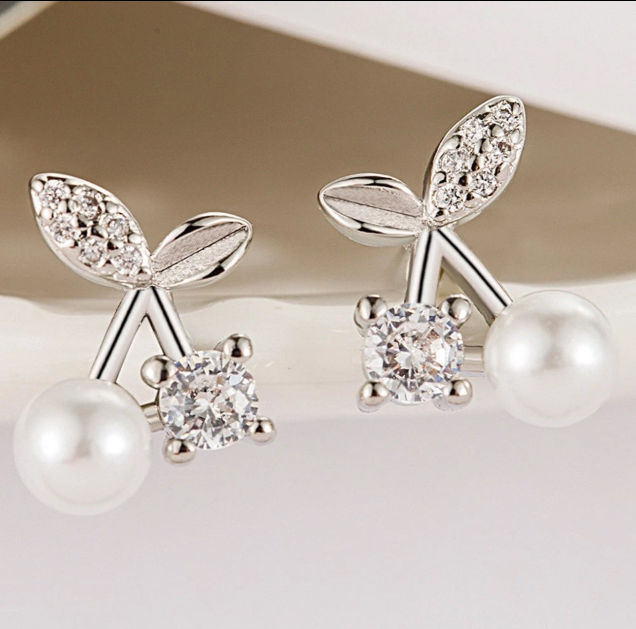 Silver Pearl Cherry Earrings