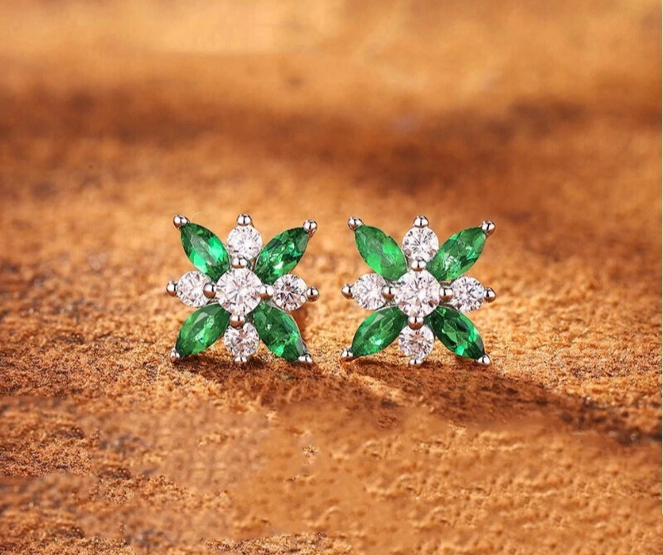 Silver Petal Green Flower Earrings