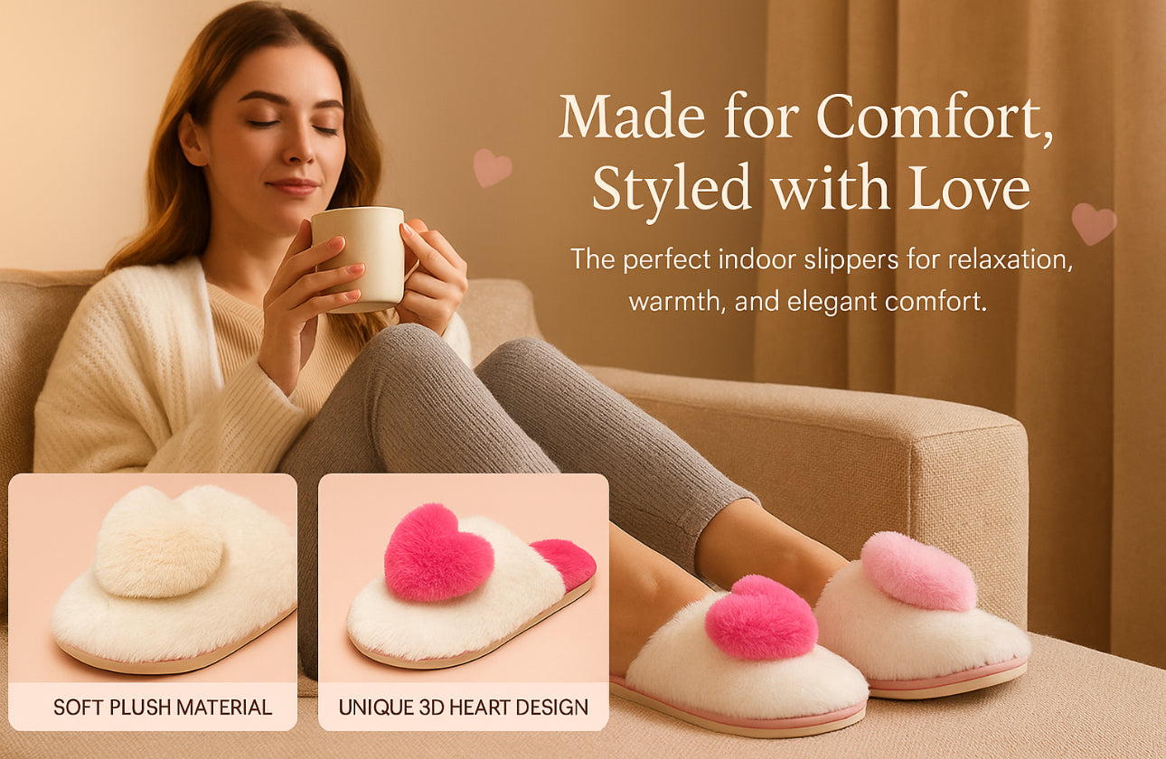 Ladies Fluffy 3D Heart Mule Slippers