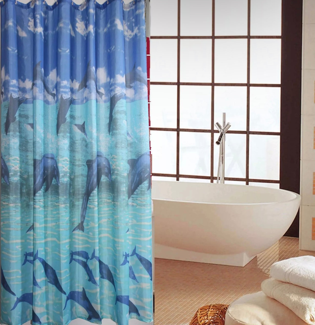 Blue Dolphin Shower Curtain (Polyester Fabric)