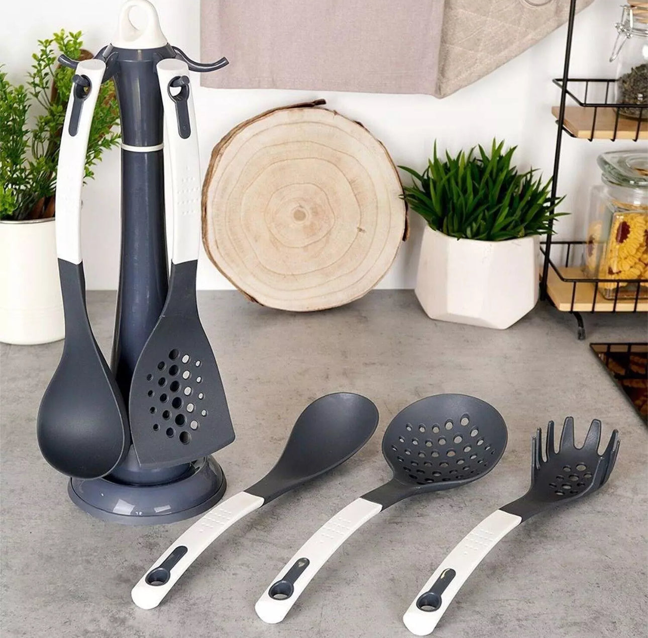 6pc Rotating Stand Of Cooking Utensils