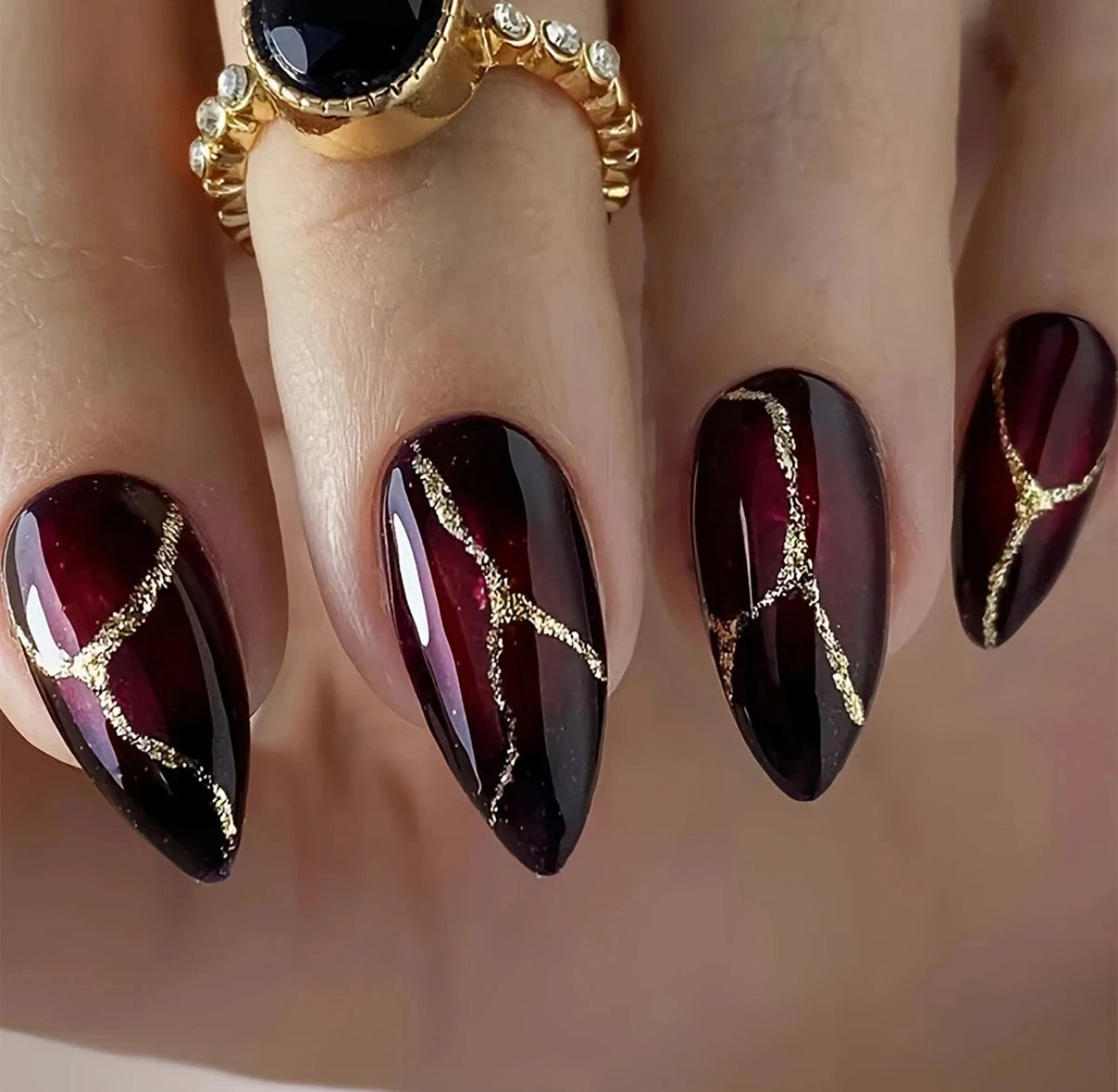 Red Gradient Glitter Long Almond False Nails 24pc
