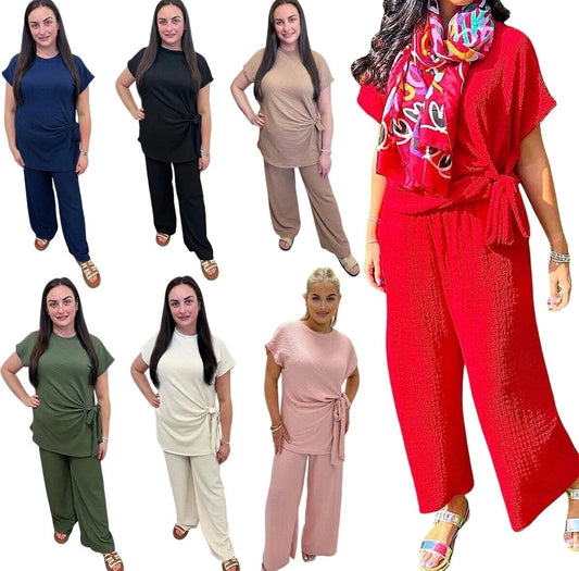 2 Piece Cheesecloth Side Knot  Top & Trousers Set