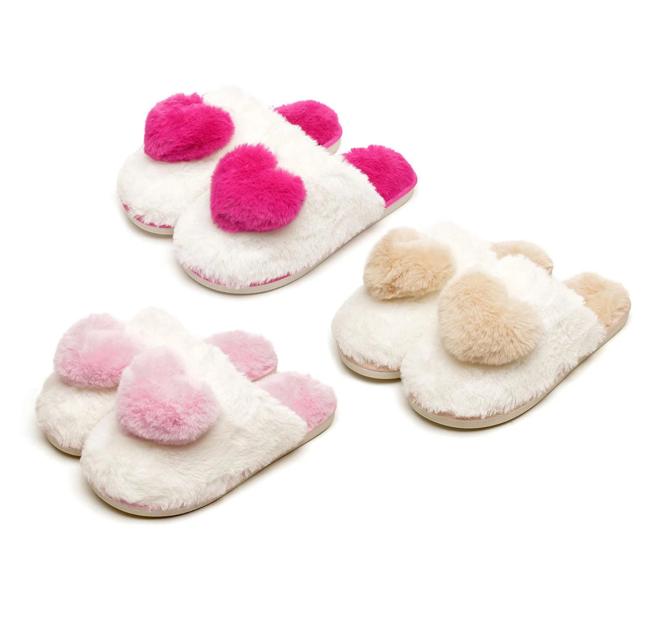 Ladies Fluffy 3D Heart Mule Slippers