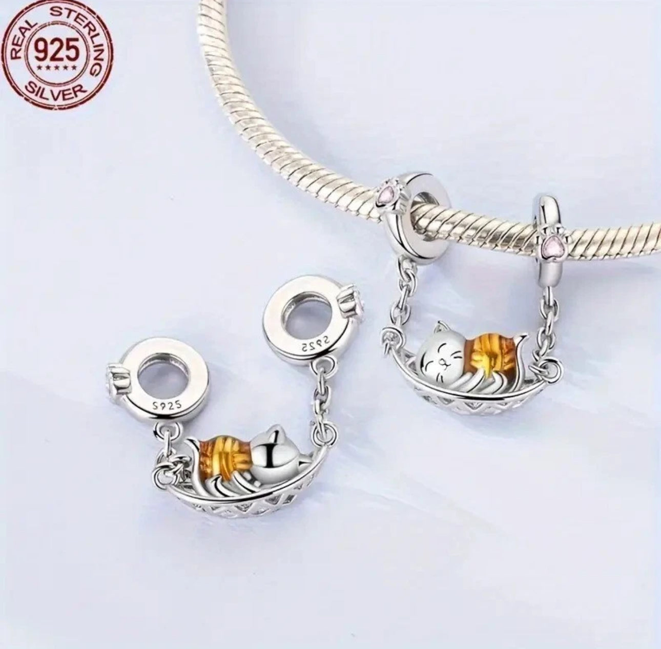 SS925 Cat In A Hammock Safety Chain Bracelet Charm