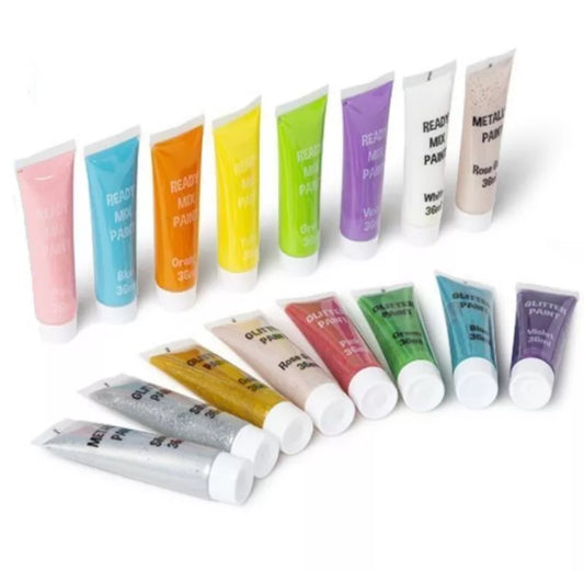 16x 36ml Pastel Coloured Acrylic Paints Inc Glitter & Metallic