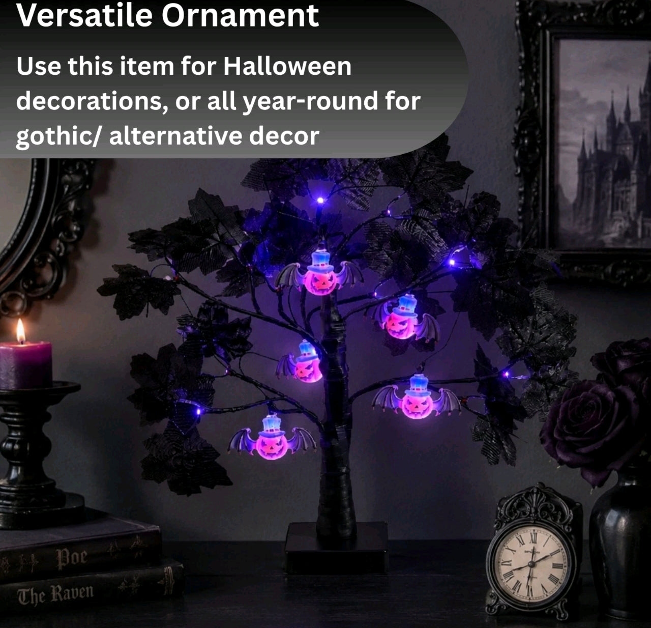 52cm Black Twig Tree With Bats, Pumpkins & Lights