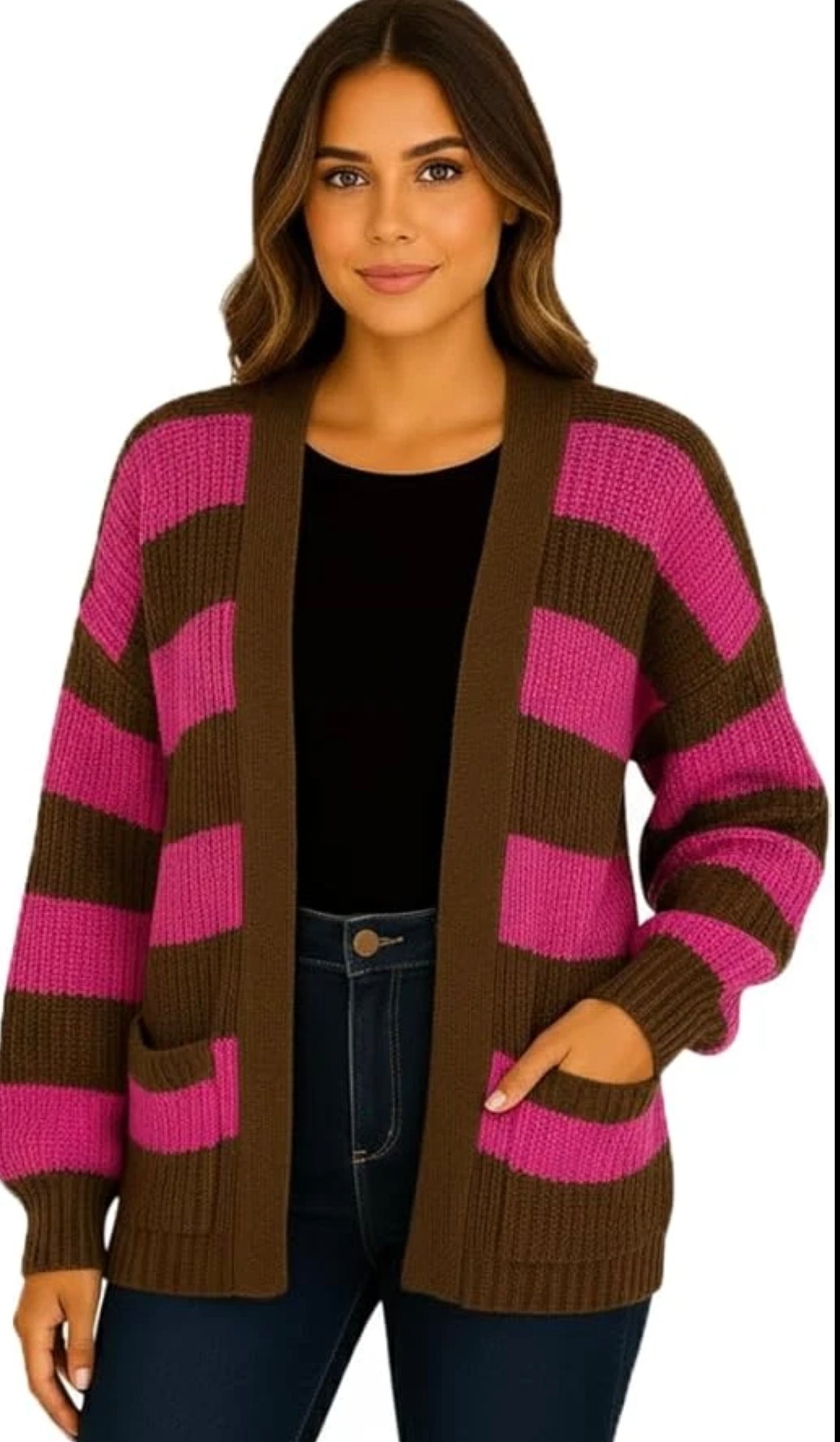 Women's Balloon Sleeved Striped Cardigan