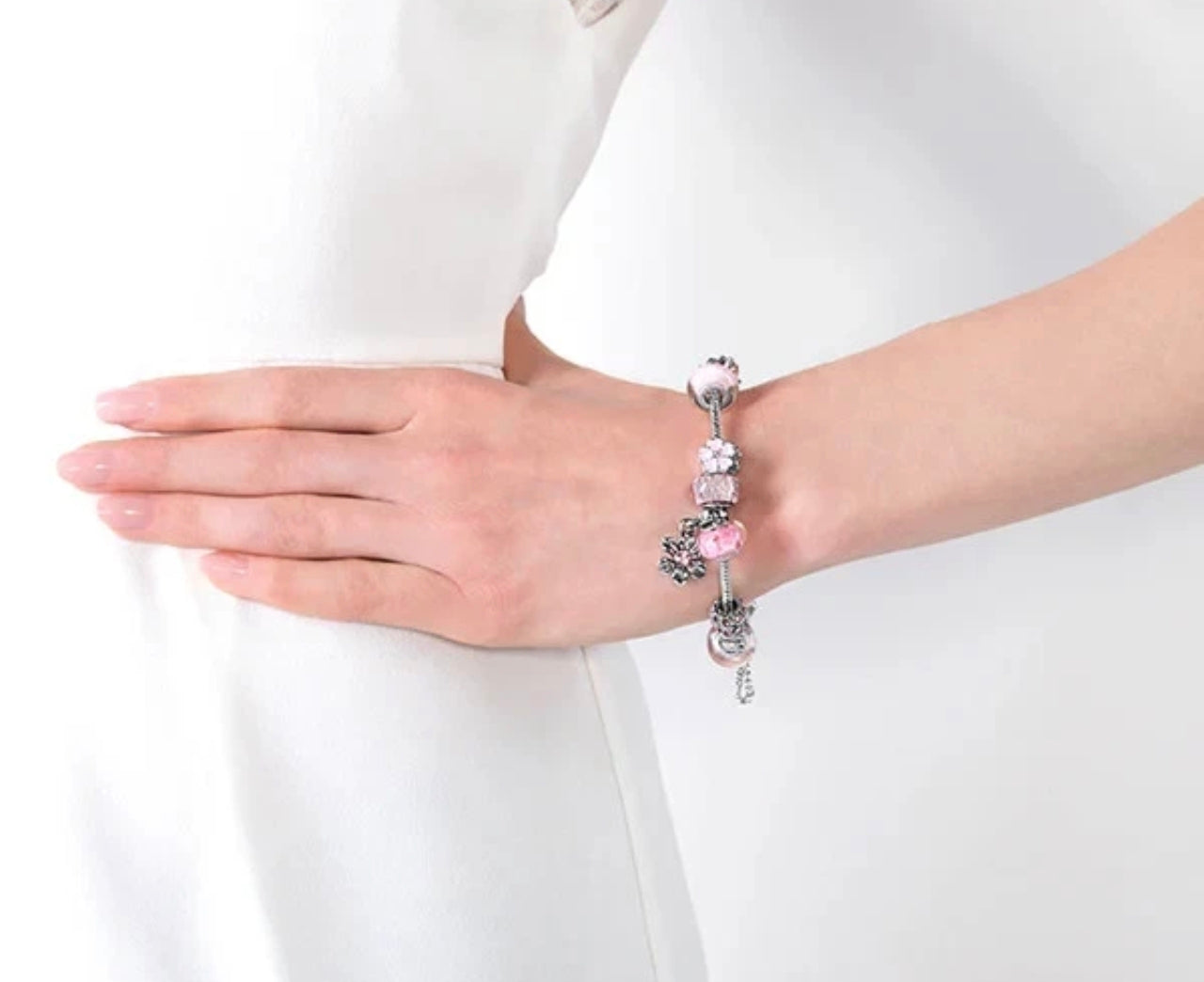 Pink & Silver Flowery Diamond Style Charm Bracelet