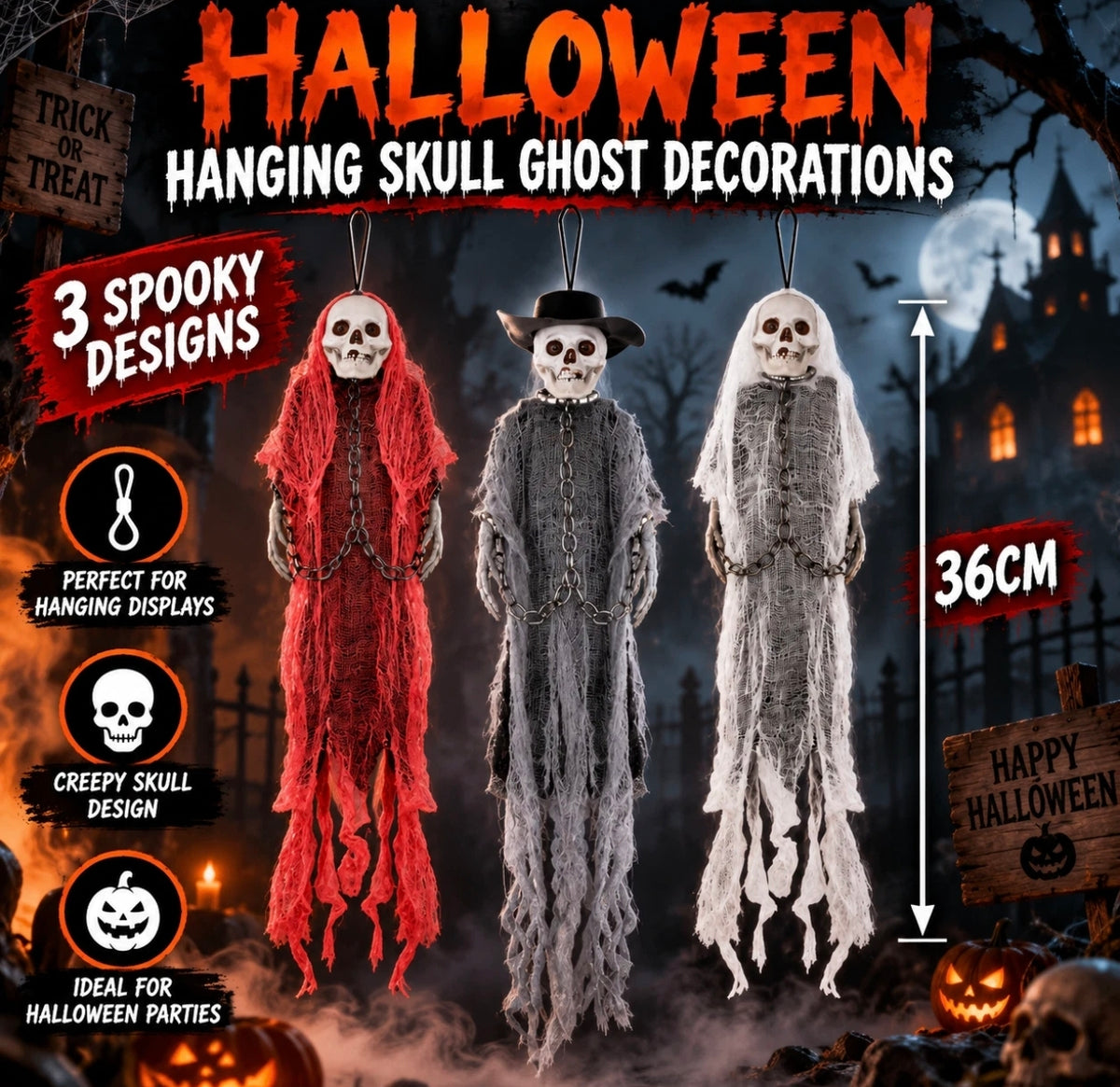 Set Of 3 x 36cm hanging ghost decorations