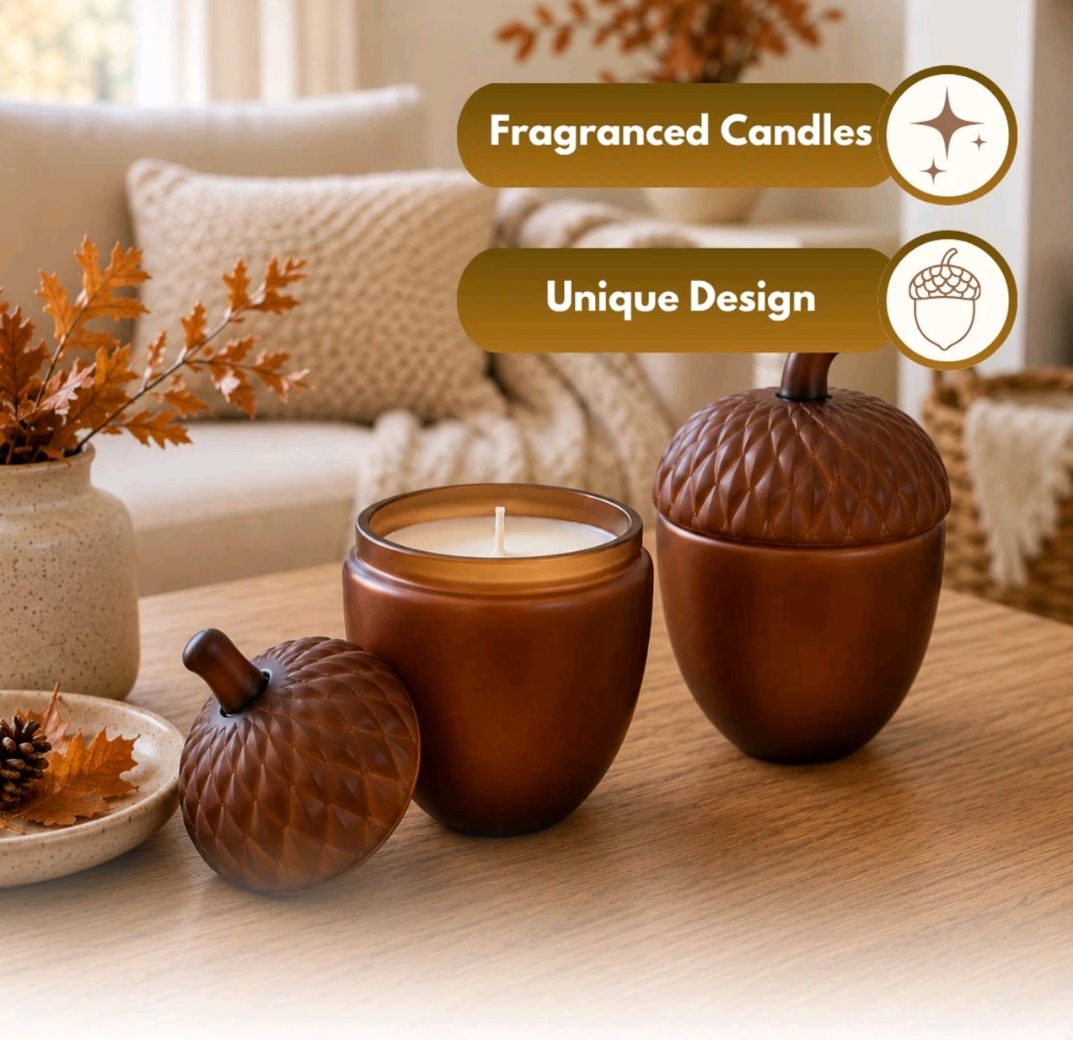 Set Of 2 Acorn Candles Autumn Scented