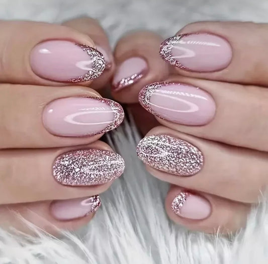 Pink Oval Glitter Mix Medium False Nails 24pc
