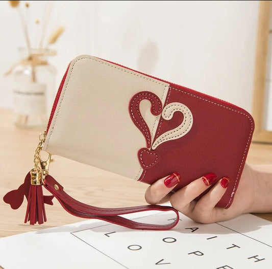 Ladies Heart Embellished Long Leather Purse