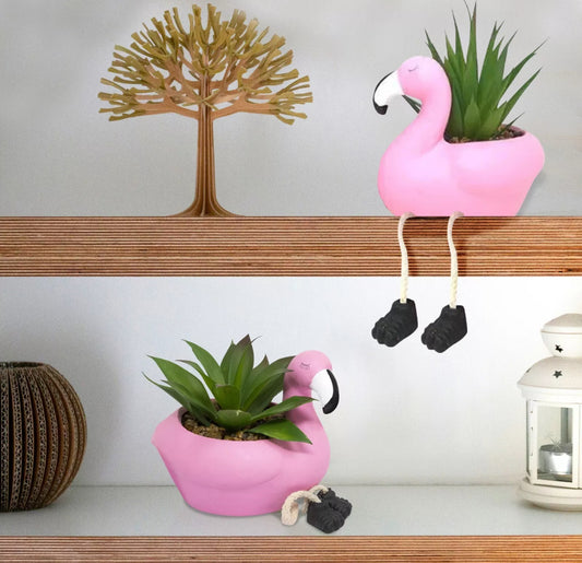 Set Of 2 Pink Flamingo Ceramic Pots With Succulents