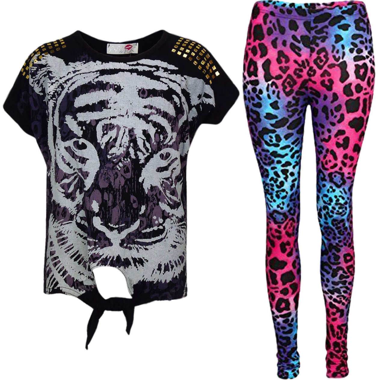 Girls Tiger Face T-Shirt & Tiger Print Leggings Set