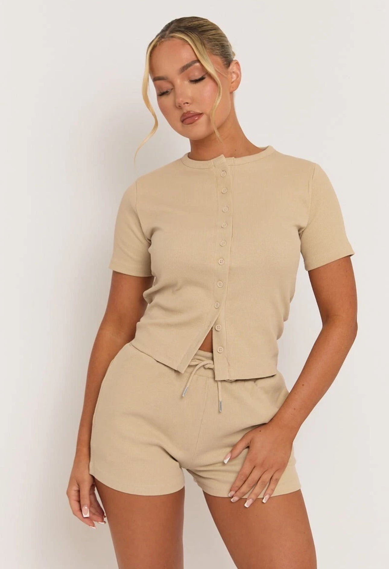 Ladies Ribbed Button Front Top & Shorts Set