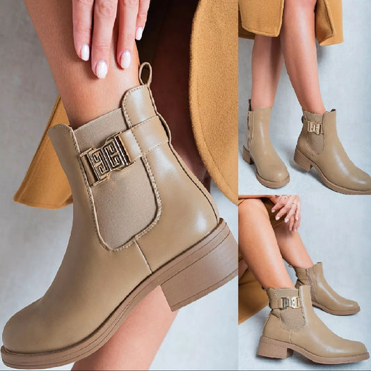 Ladies Beige Buckled Chelsea Boots