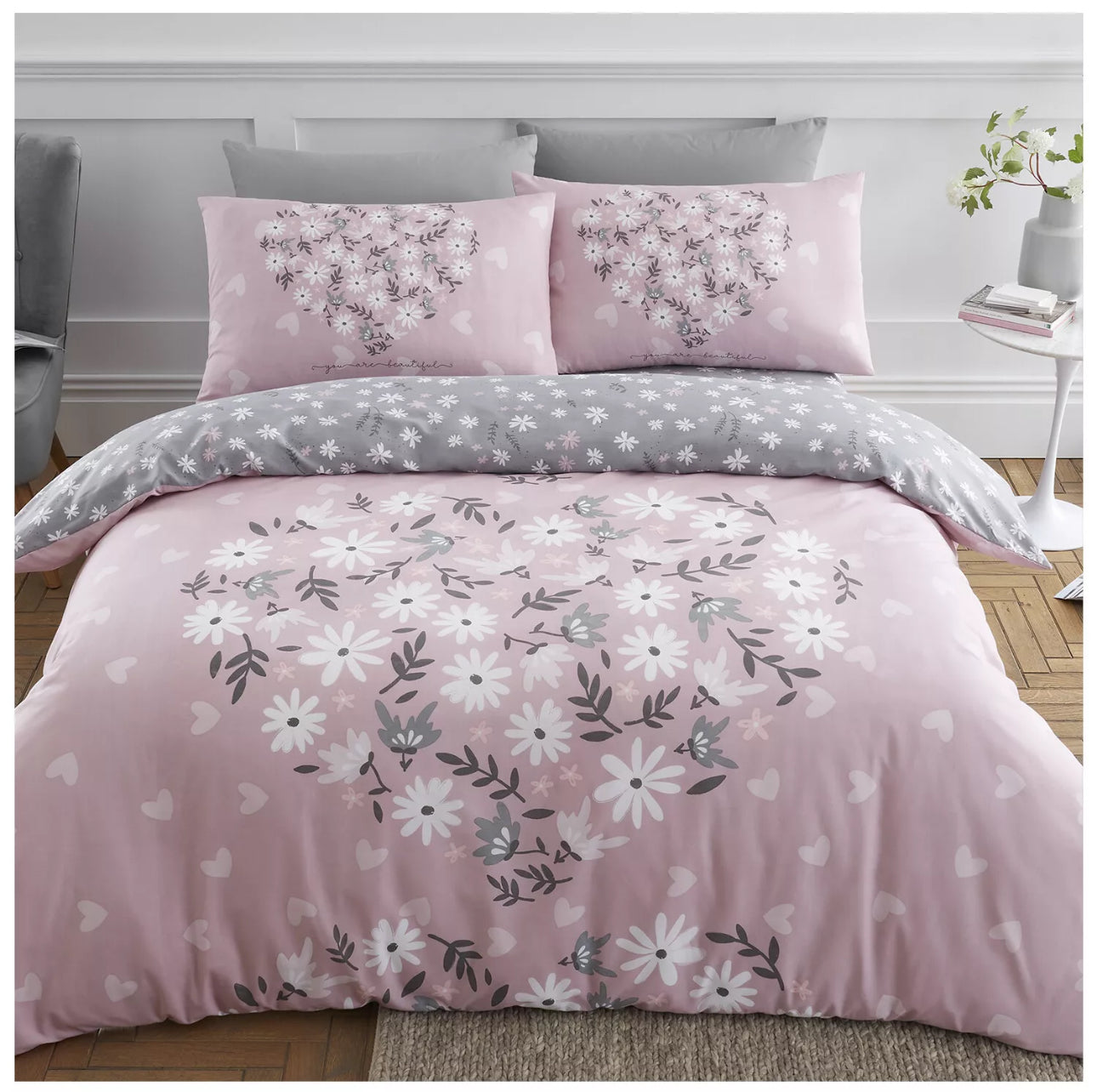 Pink Floral Heart King Duvet Set