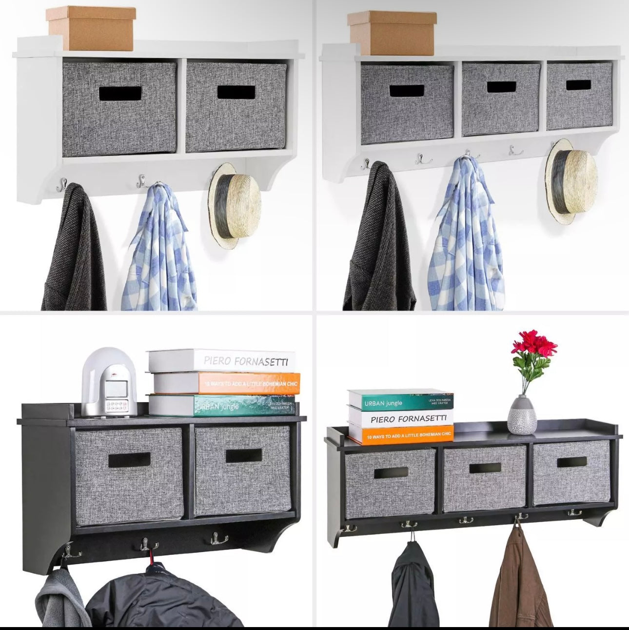 Coat Hook With Wall Mounted Unit With Storage Baskets -  3 hooks /boxes