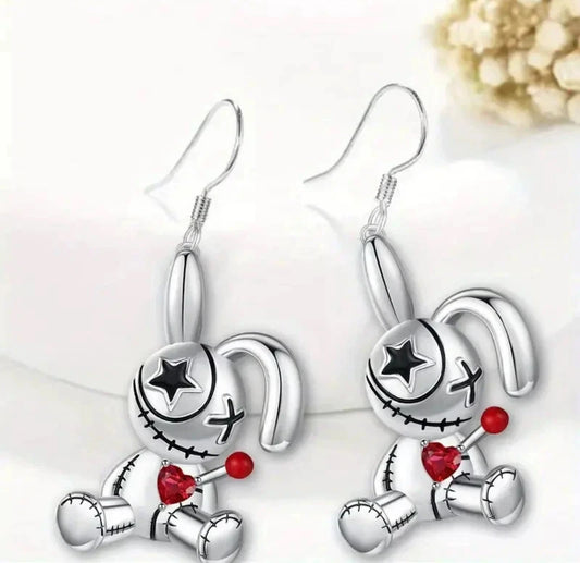 Silver Plated Scary Heart Rabbit Earrings