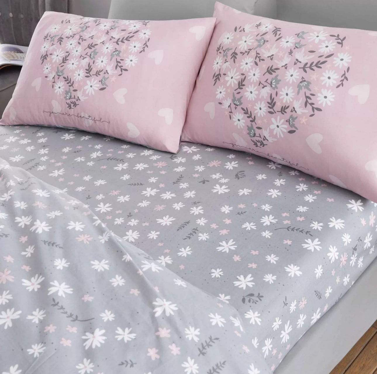 Pink Floral Heart King Duvet Set